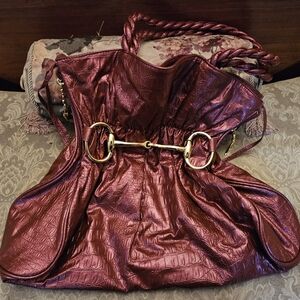 Metallic Burgundy Handbag with Gold Accents